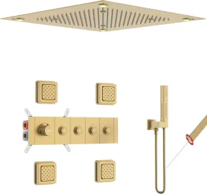 Mist)$ 2 In 1 Handheld$ 4PCS 4 Inch Body Jets VANFOXLE Temperature Shower System Brushed Gold$ Push Button Diverter Shower Faucet with Ceiling Mount Dual Modes 20 Inch chain interplanetary weakly basin LED Shower Head(Rain and 