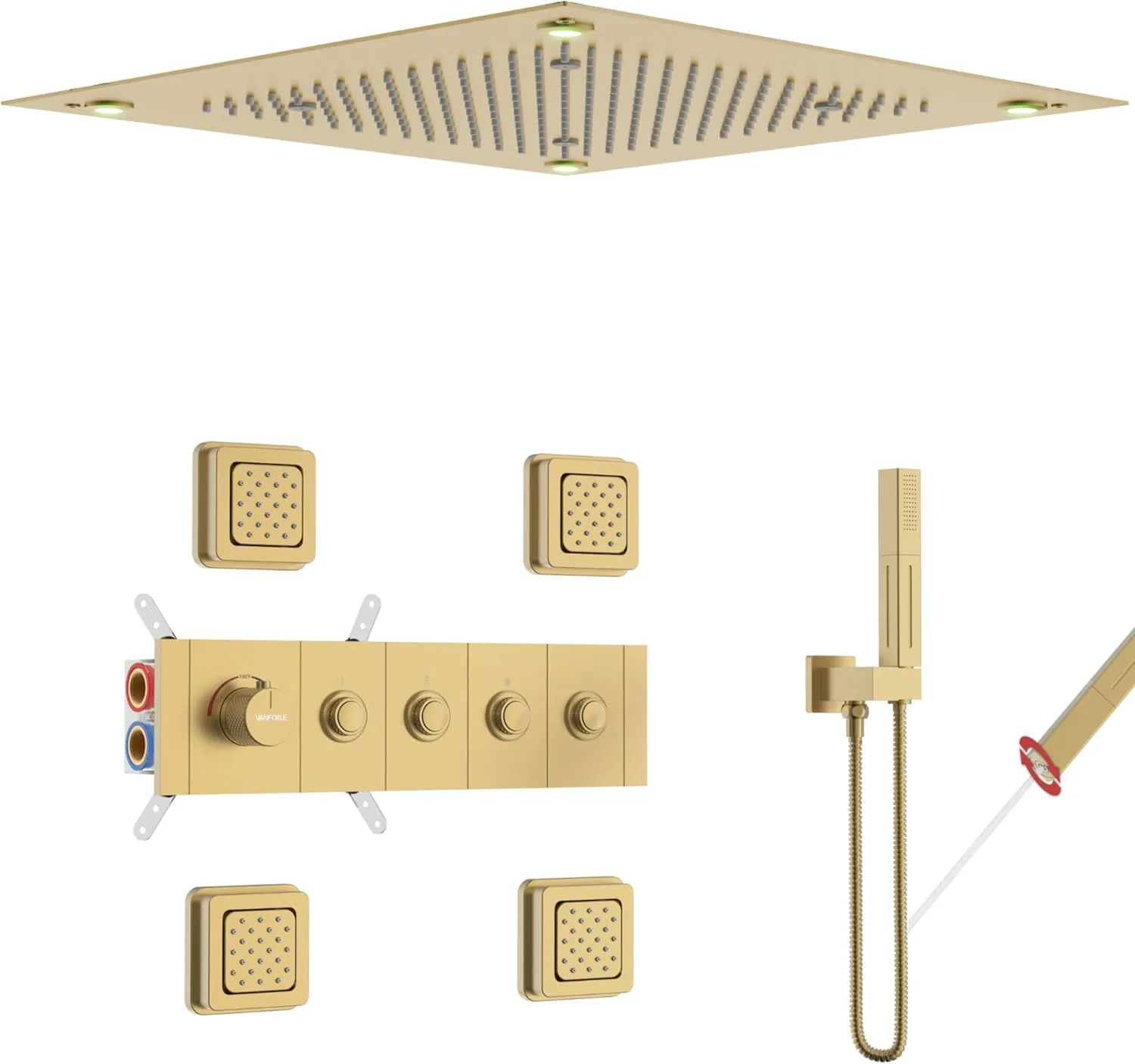Mist)$ 2 In 1 Handheld$ 4PCS 4 Inch Body Jets VANFOXLE Temperature Shower System Brushed Gold$ Push Button Diverter Shower Faucet with Ceiling Mount Dual Modes 20 Inch chain interplanetary weakly basin LED Shower Head(Rain and 