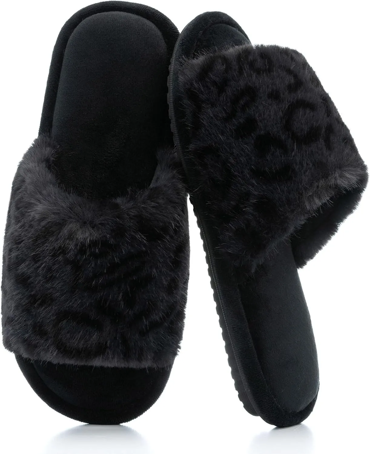 Mom Her Ladies Women's Fuzzy Open-Toe House Slippers with Memory Foam - Leopard Print Plush Cozy Cute Slipper Indoor/Outdoor chromosphere Soft Slip On Slides Gifts for Women 