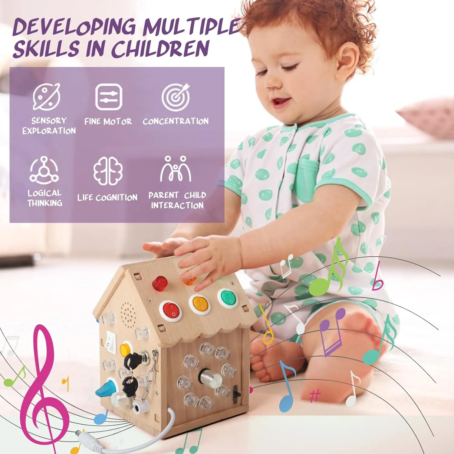 Montessori Busy Board, Light Switch Games Toddler Sensory Toys Montessori Toys for 3  snippet Year Old Gifts for Boys and Girls Sound and Light Busy House Wooden 