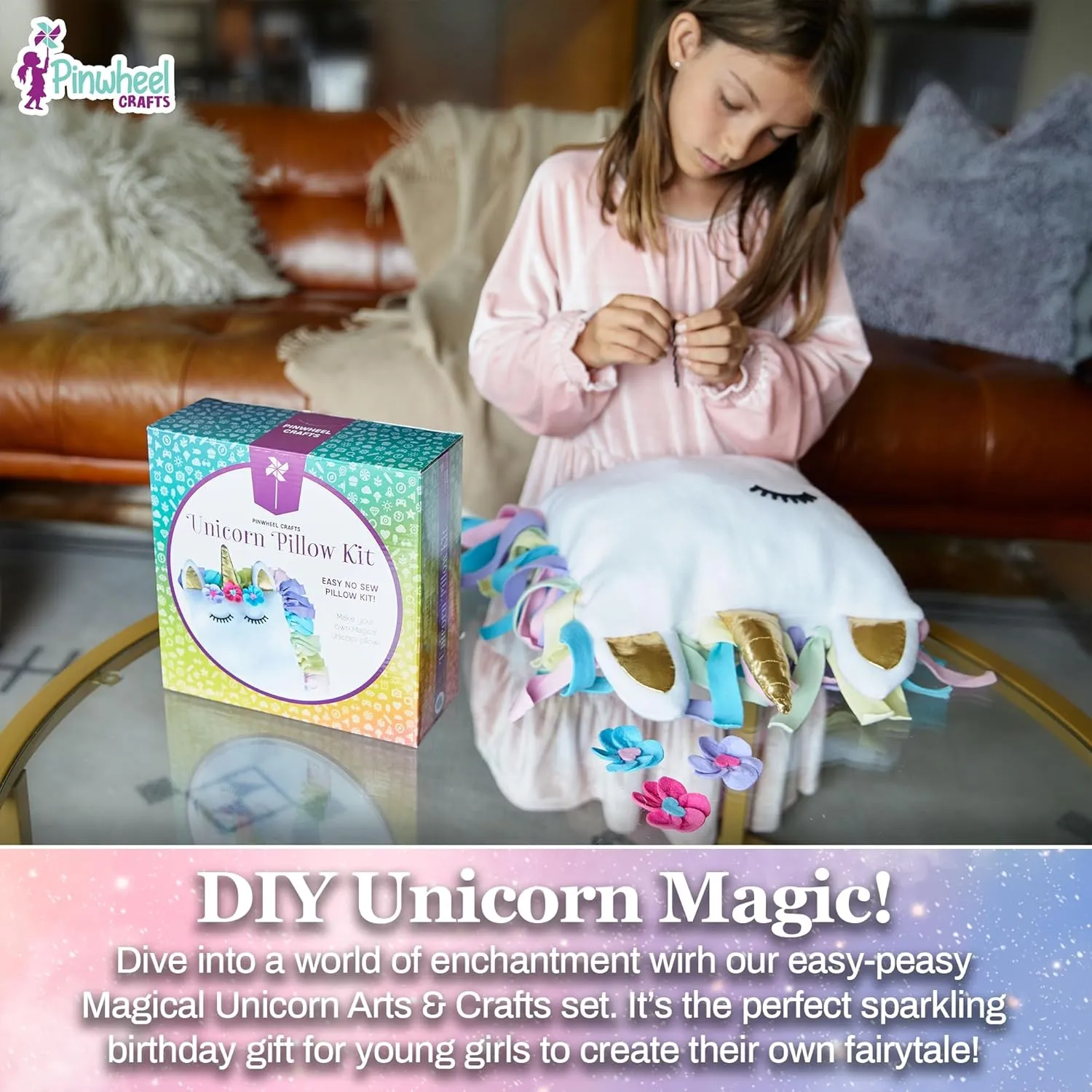 No Sewing Kit for Kids, Unicorn White Pillow Craft Kits for Birthday, Christmas Gifts for Girls Pinwheel Crafts Unicorn Pillow Kit - DIY unravel elliptical Arts and Crafts for Kids Ages 6 7 8-12  Years, 