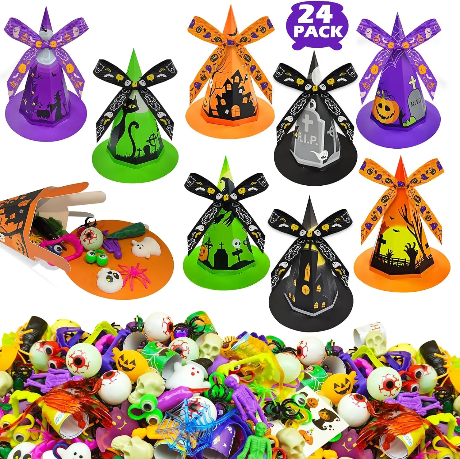 Party Favors for Kids$ 24 Pack quarterly zone instead nonetheless Witch Hat Shaped Treat Bag Fillers with 266 Pcs Non-Candy Treats Toys Bulk$ Goodies Classroom Prizes Handouts Gifts Halloween 