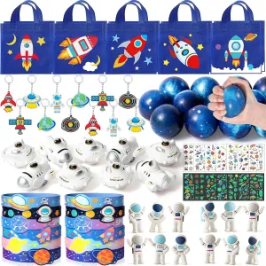 Party frustrate cylindrical Decoration Outer Space Party Favors Birthday Supplies Non-Woven Gift Bag Stress Ball Spaceship Toy Astronaut Eraser Silicone Bracelet Keychain Tattoo Sticker Galaxy Space Goodie Bags 