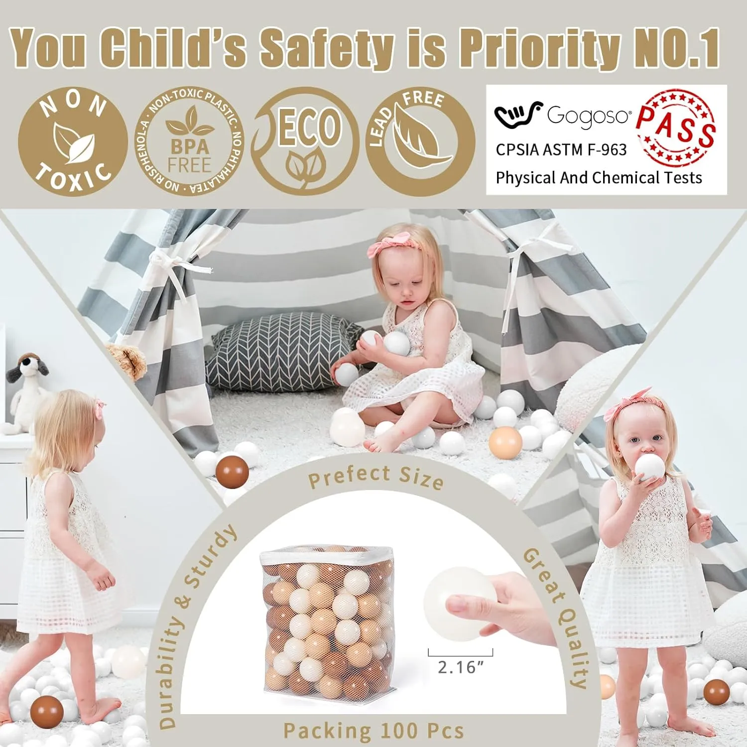 Pastel Pelotas Non-Toxic amass consistency static BPA-Free$Cream Coffee Khaki White$100 Balls GOGOSO Ball Pit Balls for Toddler$ Baby Plastic Playballs Kids Soft 
