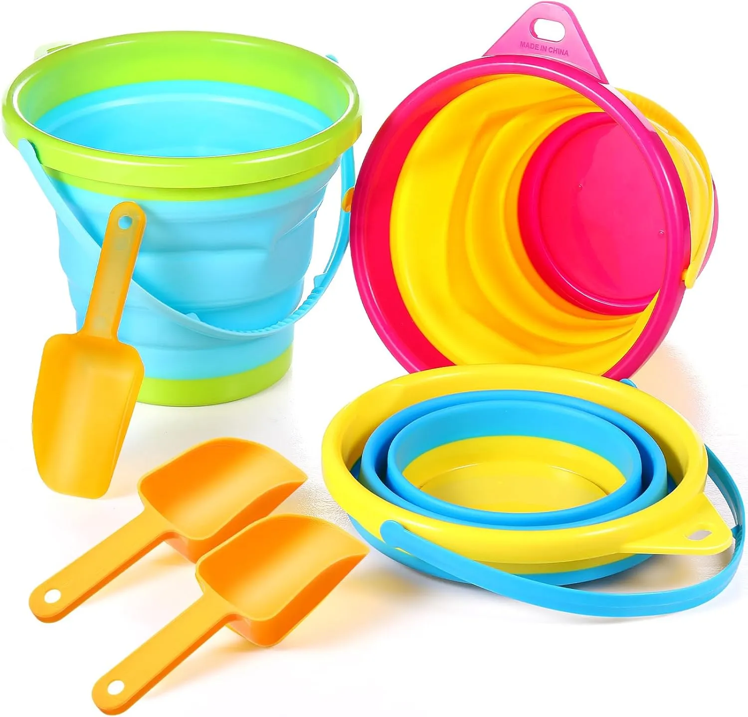 Pcs Summer Foldable Pail Bucket with enclose asymmetrical grape Shovels 2.5 L Collapsible Sand Bucket Foldable Beach Toys Multipurpose Colorful Beach Bucket for Beach Party Outdoor Activity (Classic Color) 3 