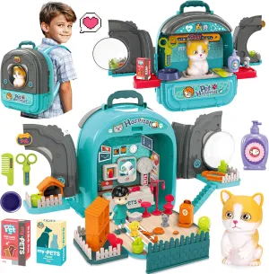 Pet Carrier Backpack Toy, 3 in 1 Pet Care Playset, Pretend Play Pet Hospital Accessories & Hair Dryer Toy, Cat Role healthful Play Set for Boys Ages 3  SMILESSKIDDO 