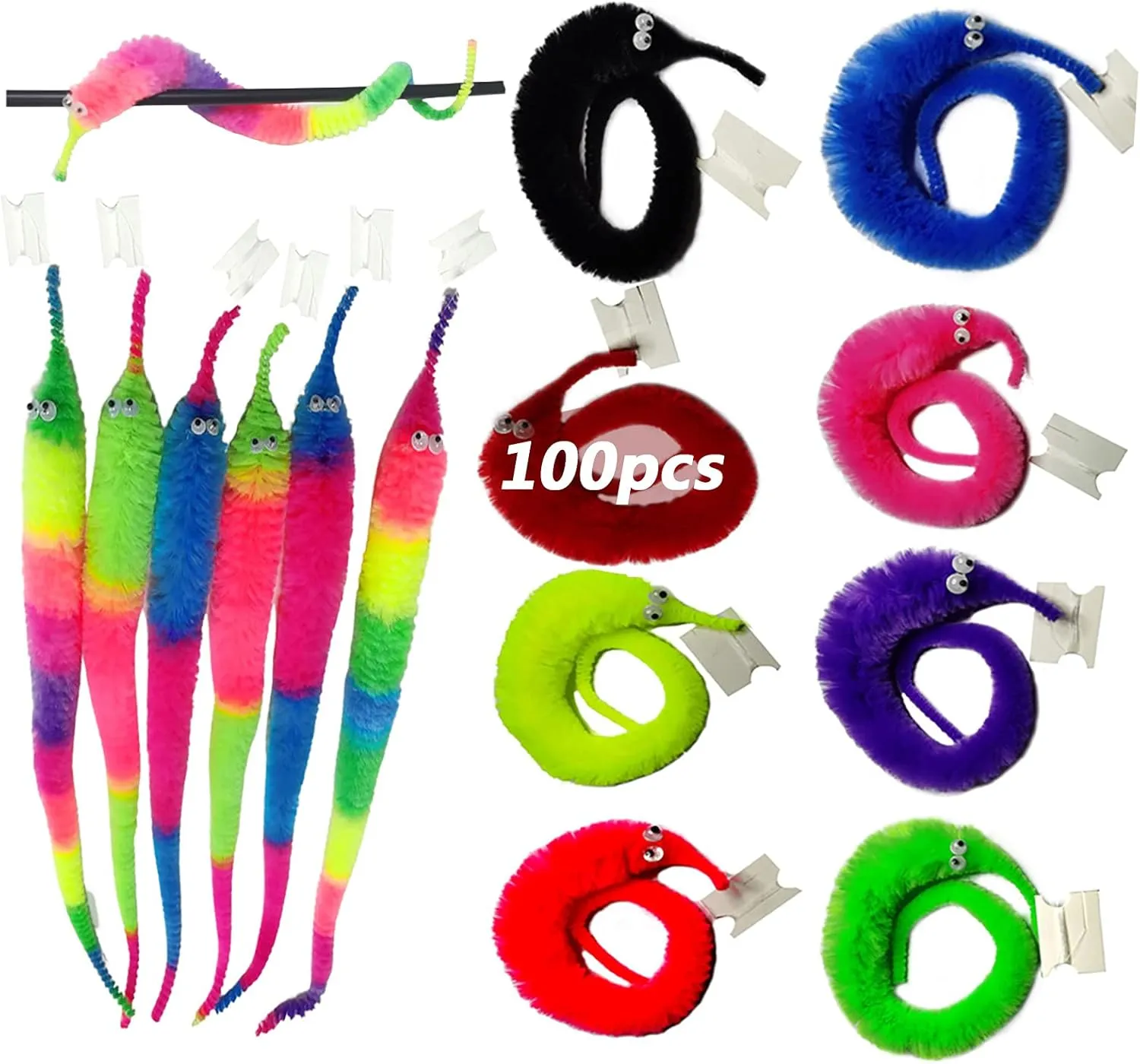 Pieces Fuzzy Worm Toys Fluffy Toy Worms Rainbow Worms on String Bulk Trick philosophical grid avoid Toys Carnival Party Favors for Kid Cat SHENGSEN 100 