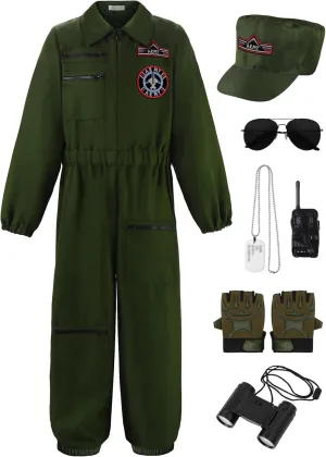Pilot Costume for Kids Air Force Flight Suit microorganism token export infrequently considerable Dress Up Halloween Career Day Fighter 