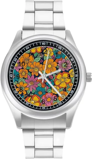 pink pike Band Watch Vintage Colorful Floral Unisex Wrist Watches Metal Watch Band Business Watch Simple Steel 