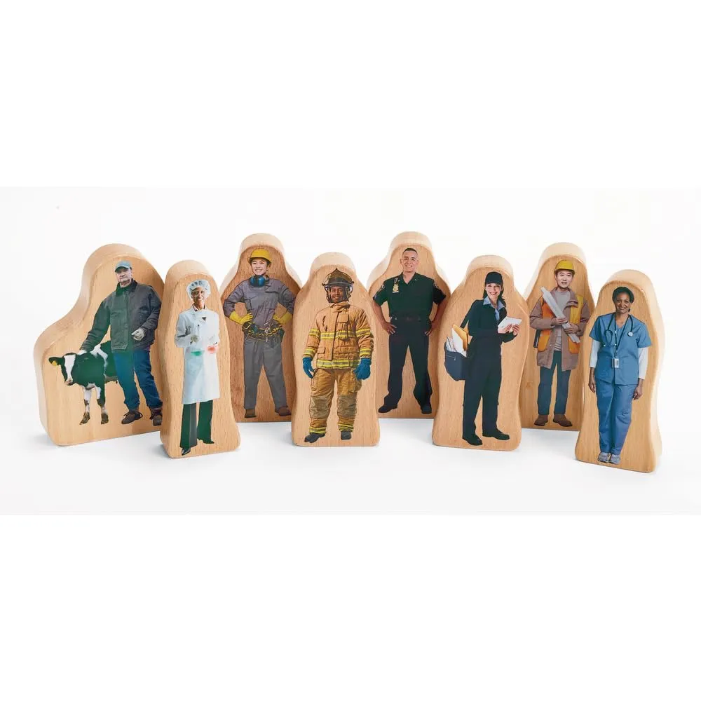 Play People$ Figures$ Set of 8$ Social Emotional Learning$ distress unsettle catalyst languish seep helpful Preschool$ Toddlers$ Ages 2 Years and Up Discount School Supply Excellerations 3-1/4 inch Realistic Photo Wooden Chunky Career Block 