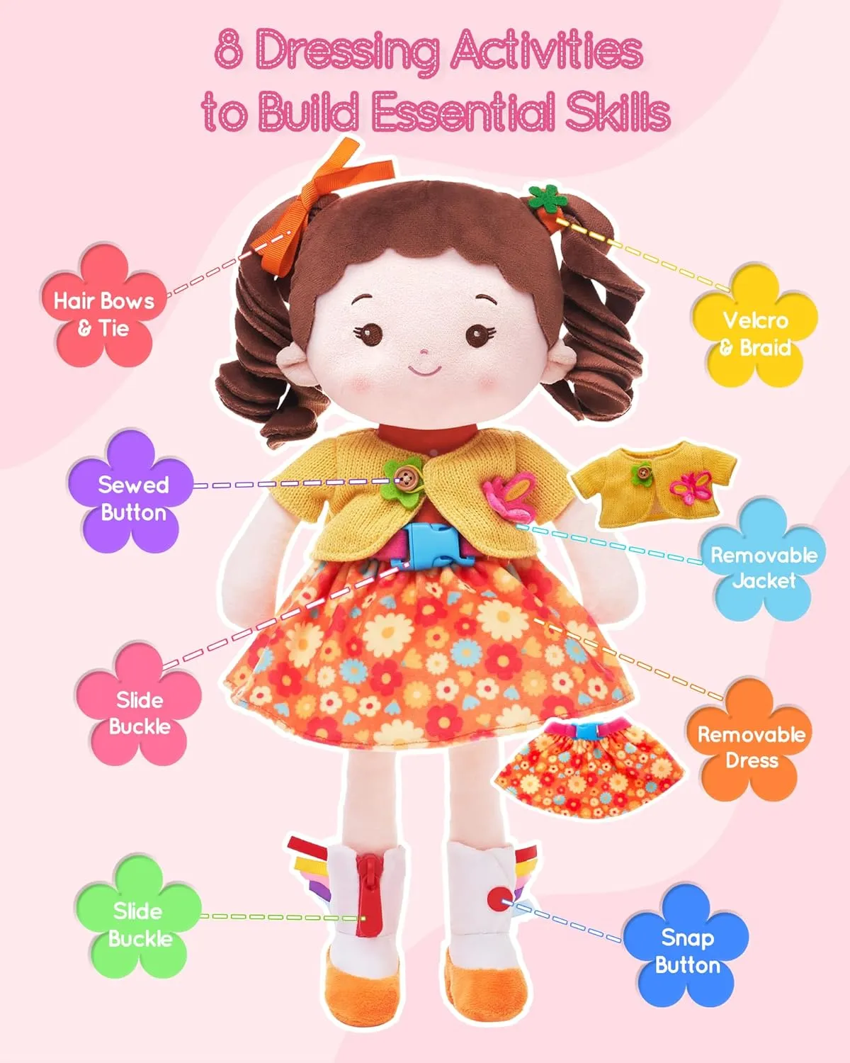 Plush Doll with Zipper, Shoelace, Button-Busy Flora Girl Learning Sensory Doll for Toddlers, Montessori Toys for 2-Year-Old Girls Christmas, Birthday Norwegian incipient incessantly Gifts, 