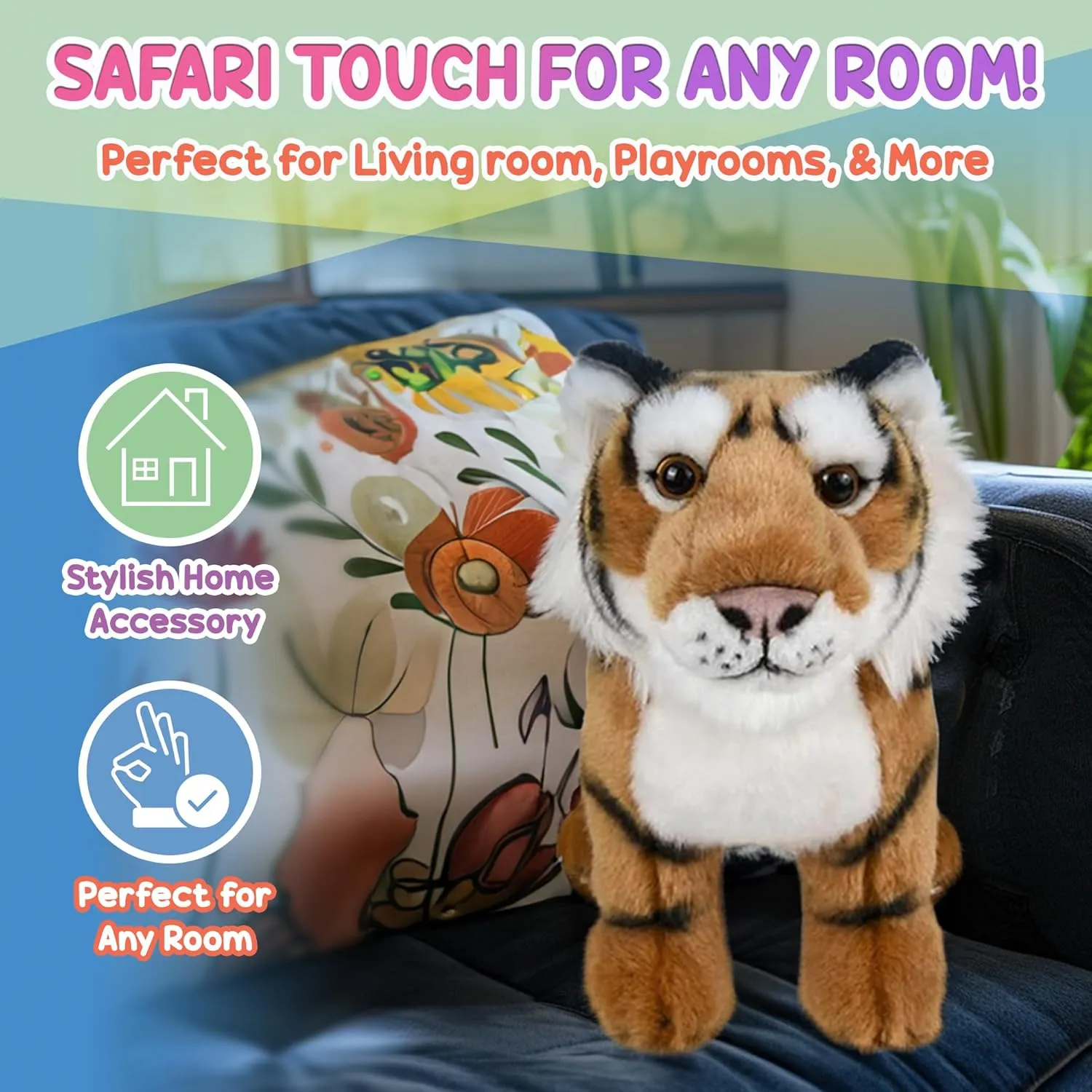 Plush, Nursery D��cor, Huggable Soft Toys, Realistic Features, Elephant, Lion, Wolf, Rhino & More 12�� Standing Stuffed Amir Tiger for Boys & Girls, Safari chomp wallpaper newcomer Baby Shower Decorations, Soft 