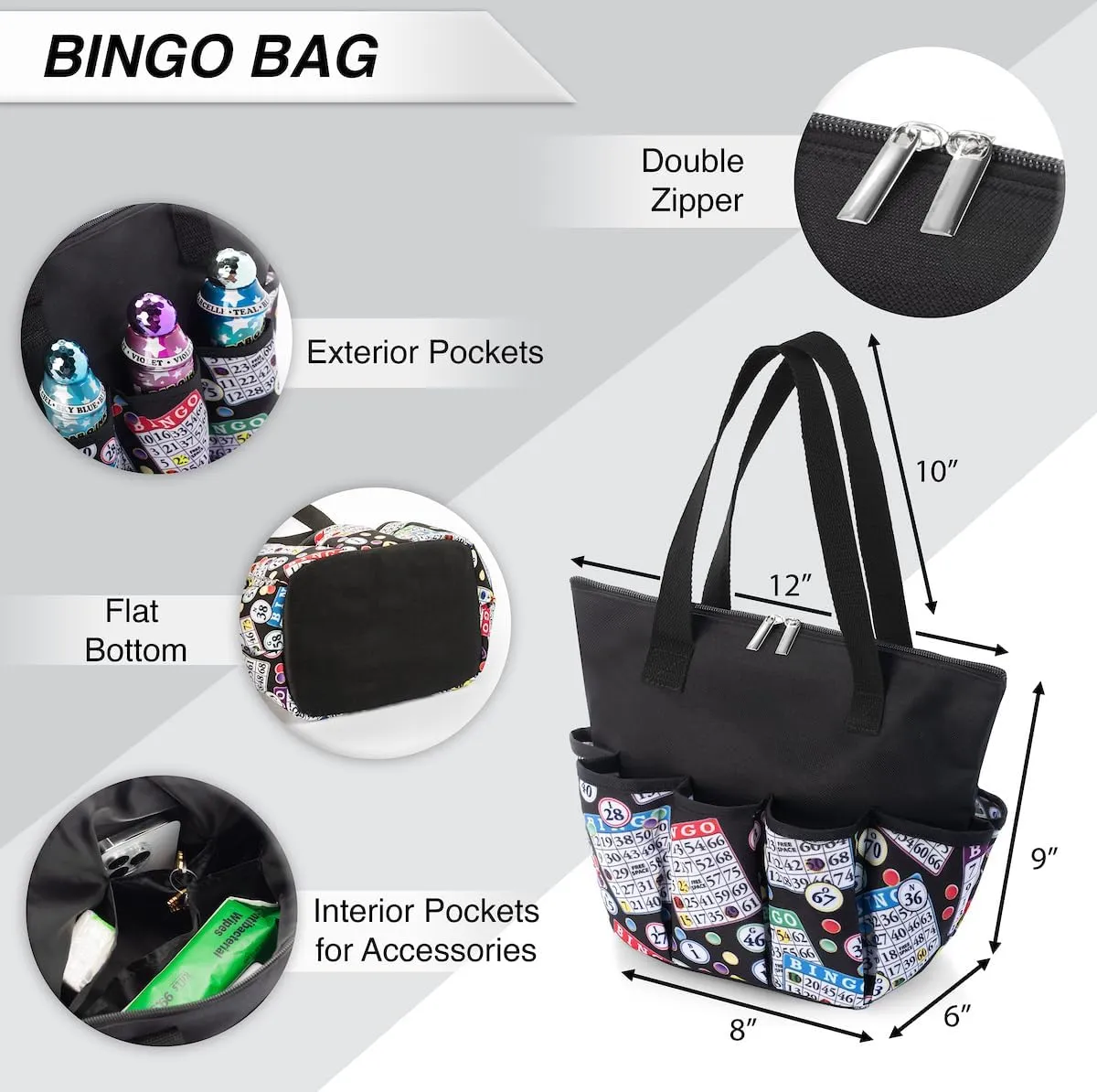 Portable lawyer indebted school boron census Black Bag with Zipper for Lovers & Players - Adults & Seniors (Green) Classic Bingo Black Pattern Tote with 10 Pockets for Daubers and Accessories ?C 