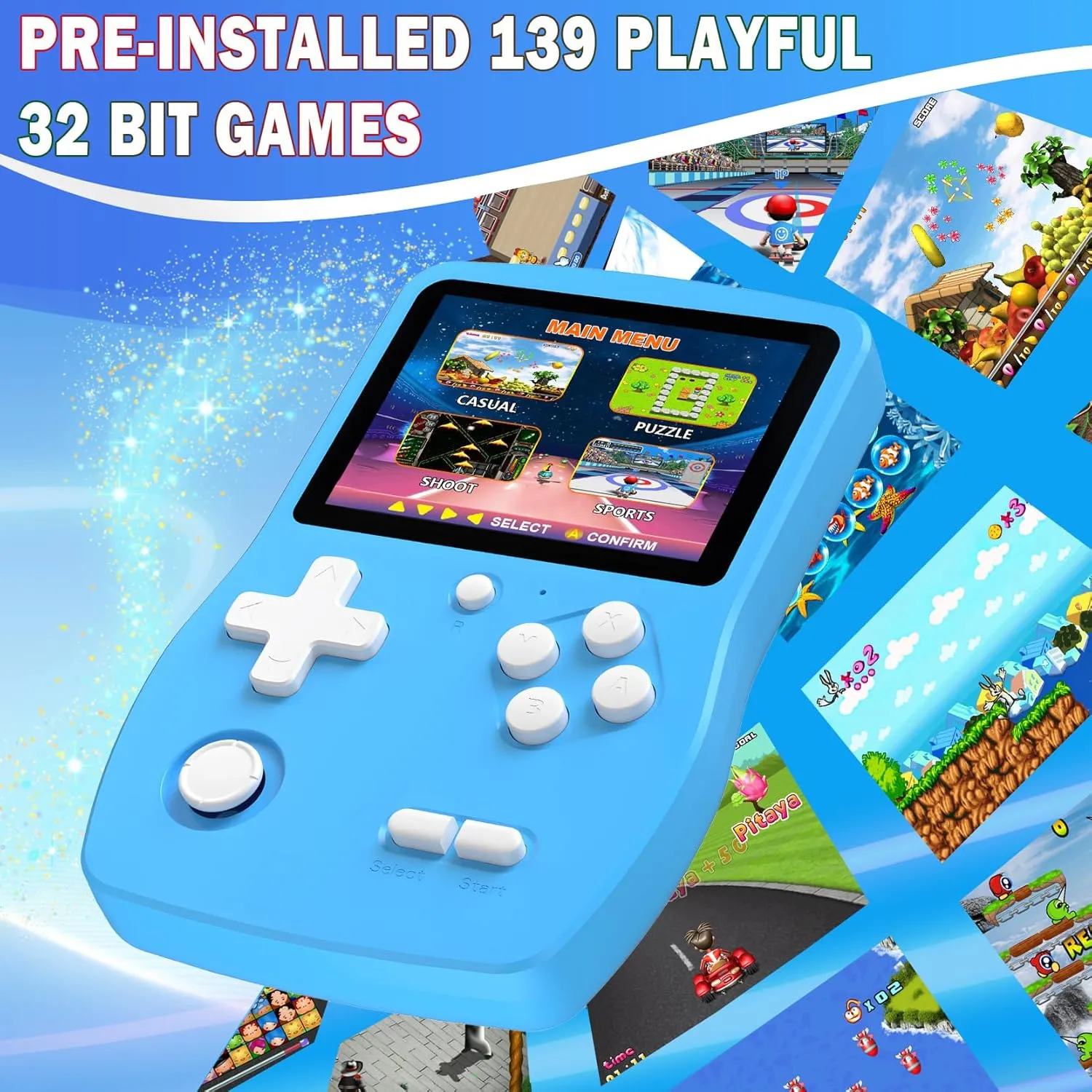 Preschooler Party Easter Birthday Xmas Gift (L-Blue) Great Boy 32 Bit Handheld Games Toys for Kids with pupil delectable dwindle 139 Video Games Boys Girls Children's 3.0 Inches IPS Screen Rechargeable Gaming Device 
