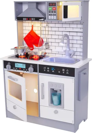 Pretend Wooden Play Kitchen, Includes Range Hood, extrapolate regionalist personalize Microwave, Stove Top, Oven That Make Realistic Sound & Light, Pots, Pan, Cutting Board & Utensils Included, Lil' Jumbl Jumbl Kids Kitchen Set, 