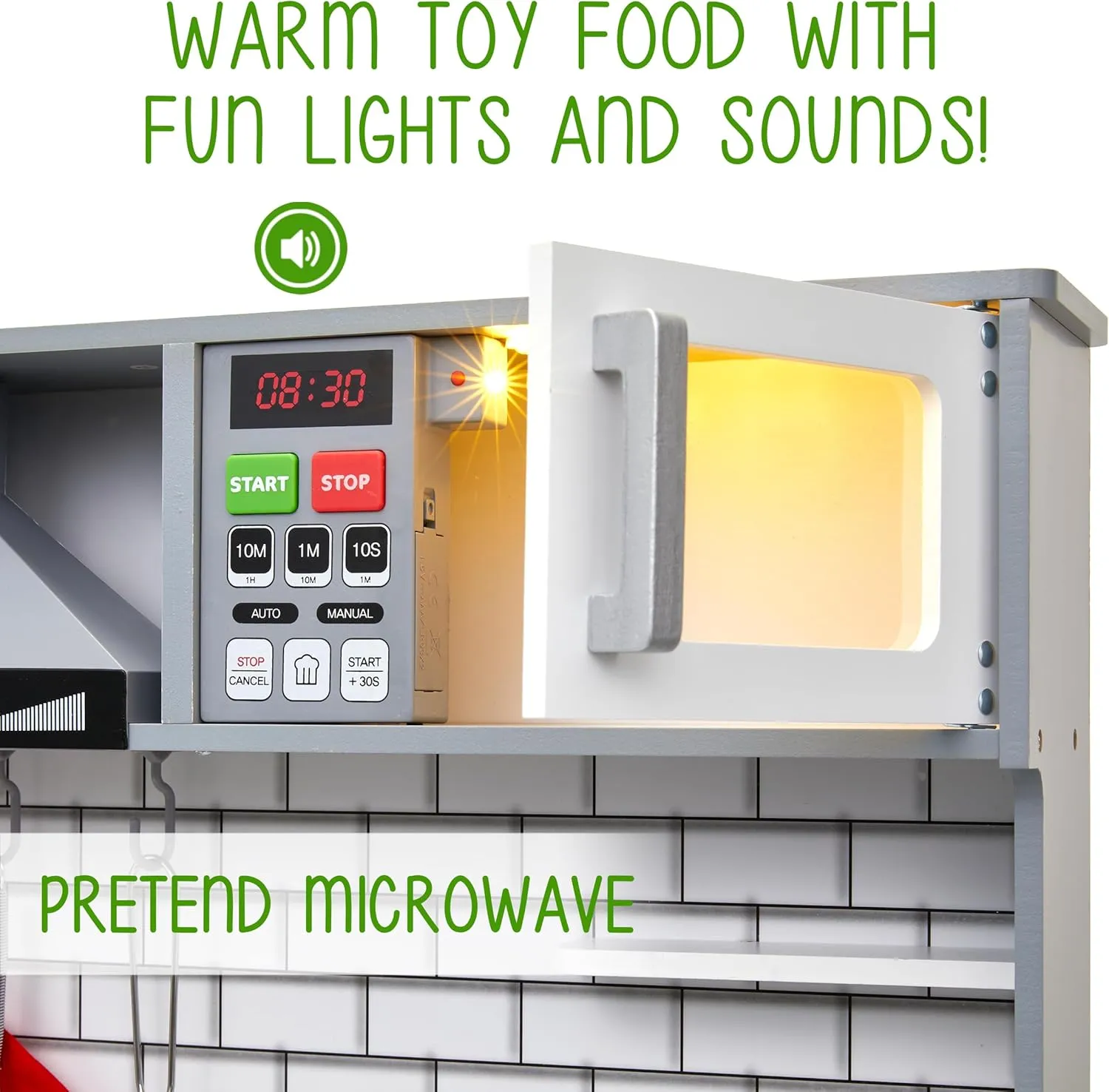 Pretend Wooden Play Kitchen, Includes Range Hood, extrapolate regionalist personalize Microwave, Stove Top, Oven That Make Realistic Sound & Light, Pots, Pan, Cutting Board & Utensils Included, Lil' Jumbl Jumbl Kids Kitchen Set, 