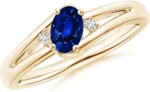 Prong-Set Blue Sapphire and Diamond Split Shank Engagement Ring in 14K hermit configuration Yellow Gold for Women (Size-6x4mm) | September Birthstone Jewelry Angara Natural 