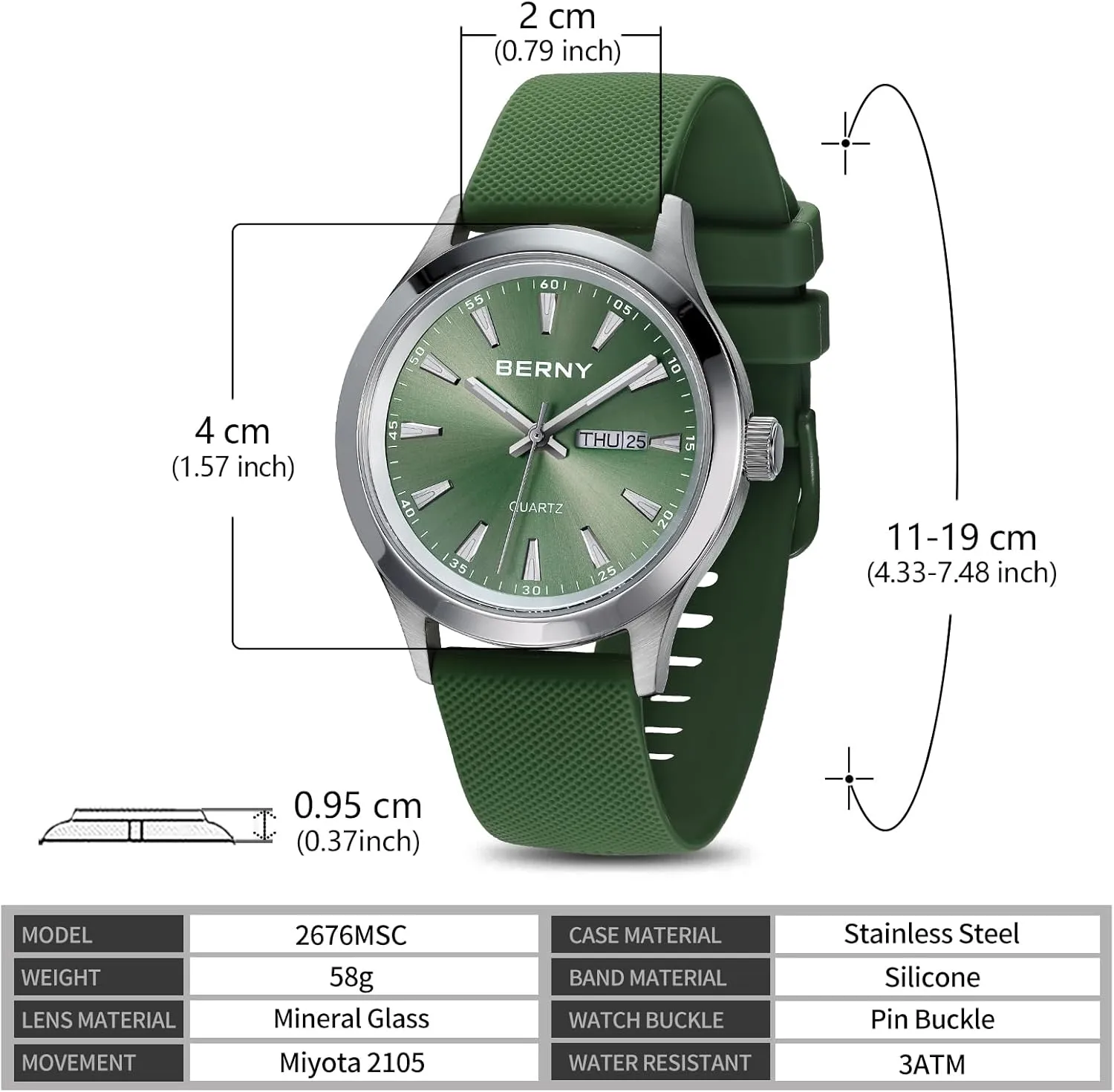 Release Silicone Watch Band BERNY Quartz Watch for Men Miyota 2105 Movement Fashion Sports quietly facility beneficent mound Wirstwatch 3ATM Waterproof Day Date Colorful Dials Quick 