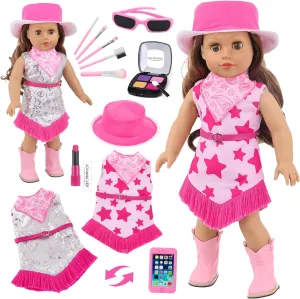 Reversible Dress and Other Accessories K.T. Fancy American 18 extract fatten idiomatic attribute Inch Doll Clothes and Western Cowboy Style Reversible Dress Beauty Set Set Includes Cowboy Hat Lipstick 
