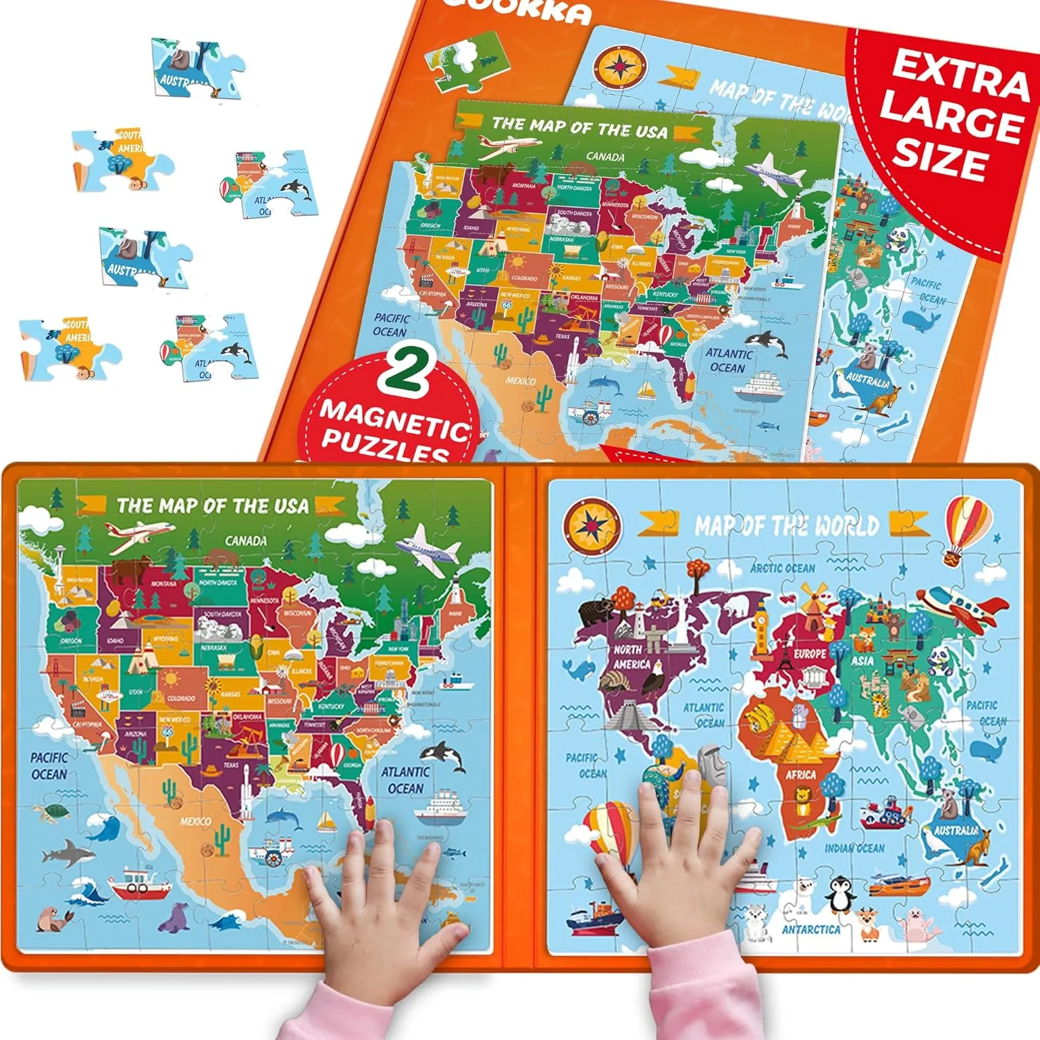 Road familiarization Trip QUOKKA Magnetic Puzzles for Toddlers 4-6 - 2x48 Travel Puzzles Games for Kids Ages 3-5 - USA & World Maps Car Activities Toy for Boys and Girls - United States Learning Magnet for 