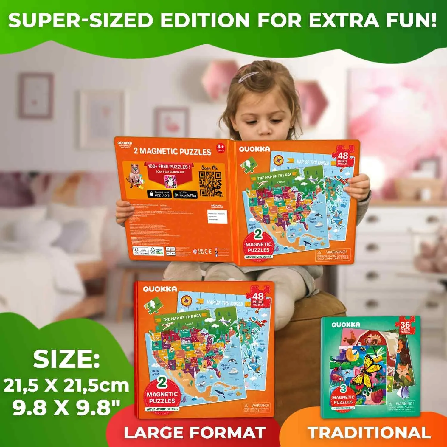 Road familiarization Trip QUOKKA Magnetic Puzzles for Toddlers 4-6 - 2x48 Travel Puzzles Games for Kids Ages 3-5 - USA & World Maps Car Activities Toy for Boys and Girls - United States Learning Magnet for 