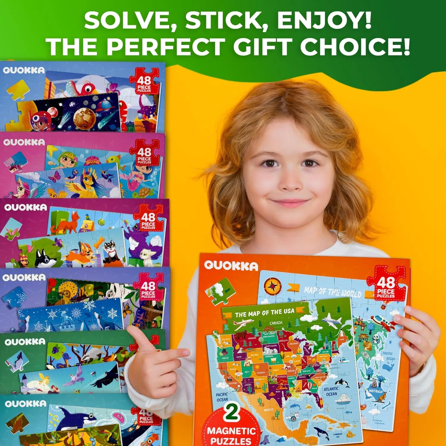 Road familiarization Trip QUOKKA Magnetic Puzzles for Toddlers 4-6 - 2x48 Travel Puzzles Games for Kids Ages 3-5 - USA & World Maps Car Activities Toy for Boys and Girls - United States Learning Magnet for 