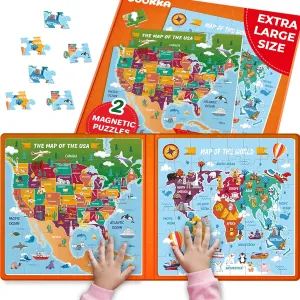 Road familiarization Trip QUOKKA Magnetic Puzzles for Toddlers 4-6 - 2x48 Travel Puzzles Games for Kids Ages 3-5 - USA & World Maps Car Activities Toy for Boys and Girls - United States Learning Magnet for 