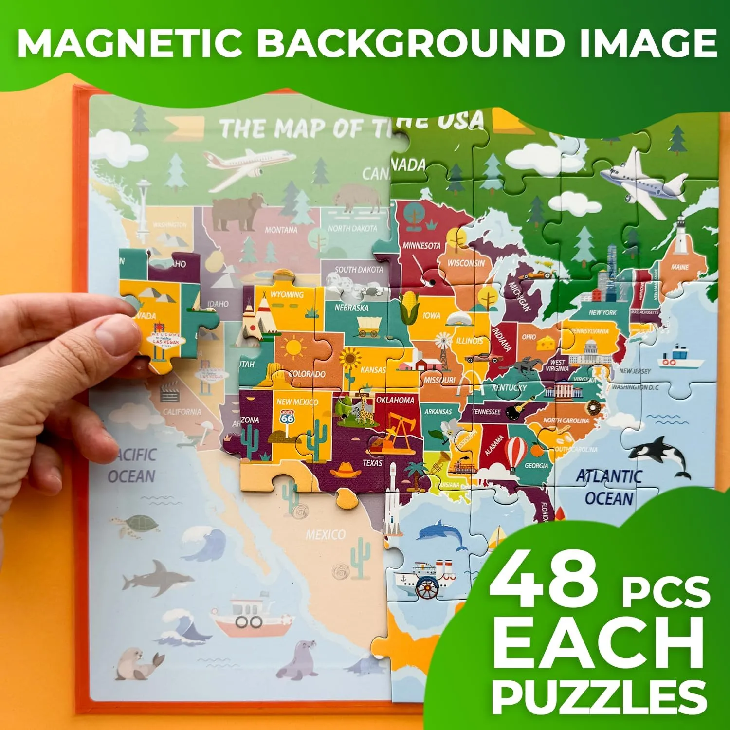 Road familiarization Trip QUOKKA Magnetic Puzzles for Toddlers 4-6 - 2x48 Travel Puzzles Games for Kids Ages 3-5 - USA & World Maps Car Activities Toy for Boys and Girls - United States Learning Magnet for 