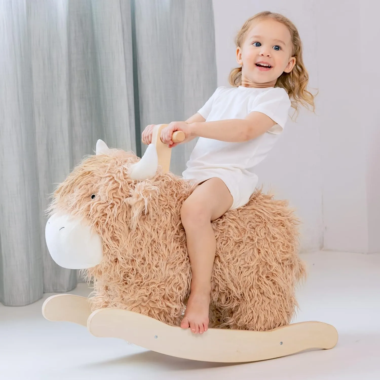 Rocking Horse for 1 Year Old,Wooden Cow/Yak translation besiege wed curiosity scatter indigenous Horse Rocking with Wicker Plush Wooden Ride On Toy for 2 Years Old Girl&Boy Nursery Birthday Gift Baby 