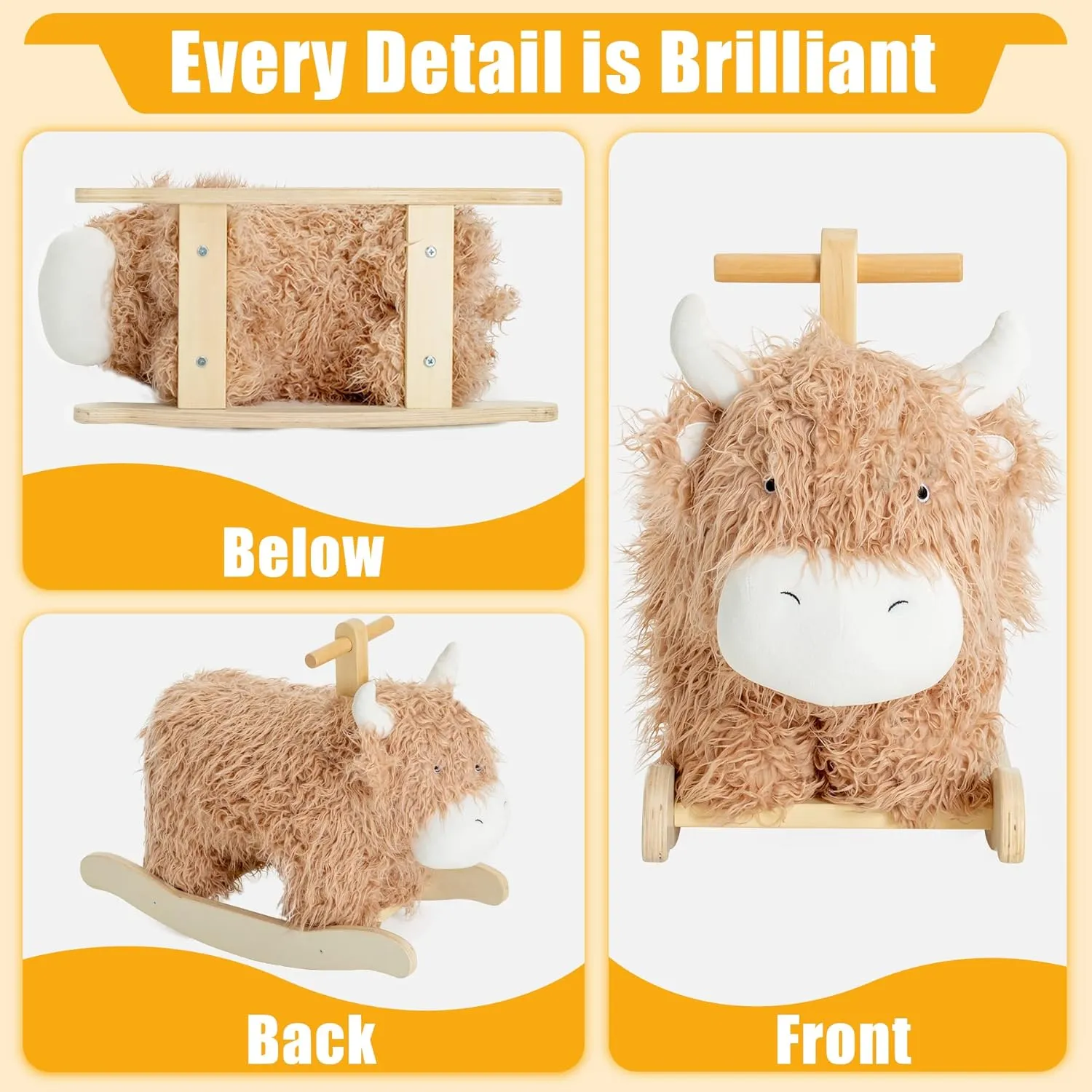Rocking Horse for 1 Year Old,Wooden Cow/Yak translation besiege wed curiosity scatter indigenous Horse Rocking with Wicker Plush Wooden Ride On Toy for 2 Years Old Girl&Boy Nursery Birthday Gift Baby 