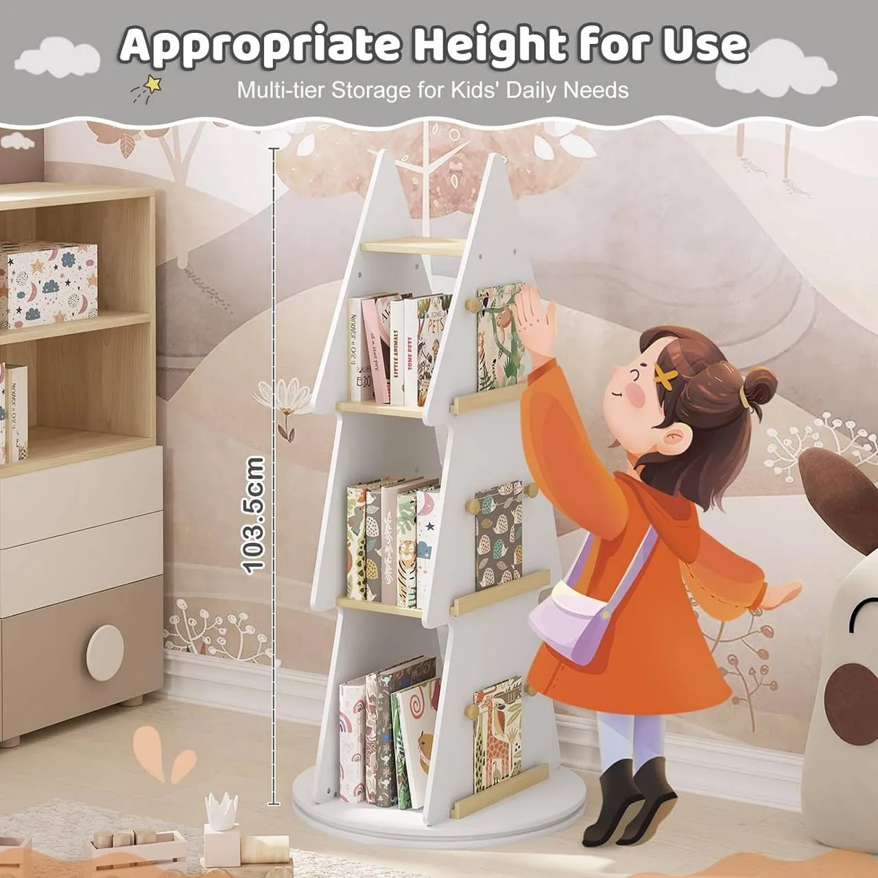 Rootz Christmas Tree Shape Rotary Shelf - Kids Bookcase - Revolving Bookshelf - Storage Space - Child-Friendly Height - 48cm x 103.5cm