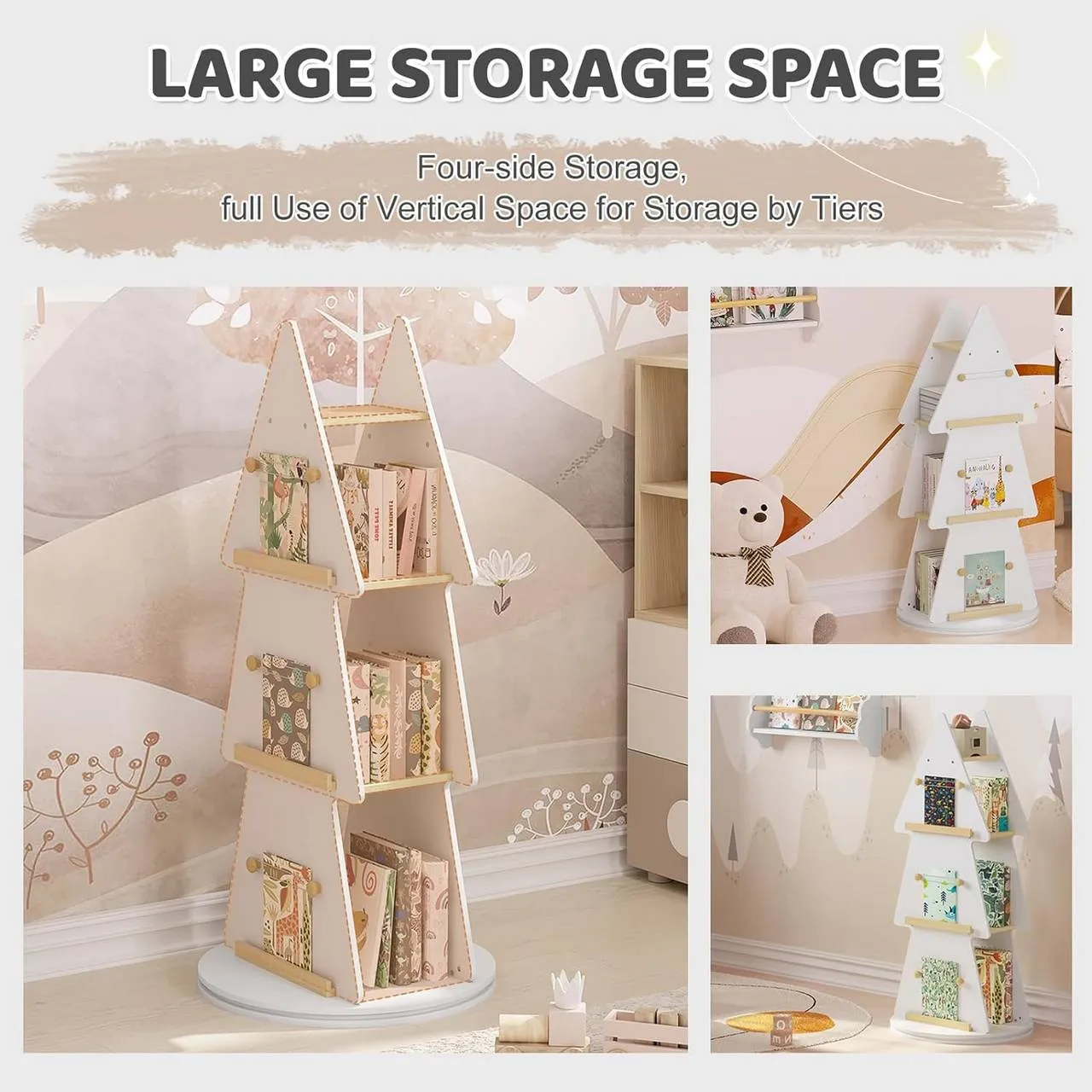 Rootz Christmas Tree Shape Rotary Shelf - Kids Bookcase - Revolving Bookshelf - Storage Space - Child-Friendly Height - 48cm x 103.5cm
