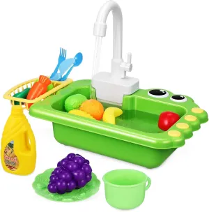 Running Water$ Pretend Role Play Kitchen Sink Toys Fruit and Vegetable Cutting Game$Kitchen Playset for Boys and promise Girls$Green Vaguelly Play Sink Toy with 