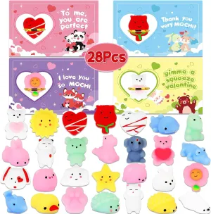 School Classroom Prize Rewards Party Favors Toys Valentines Day Gifts Toys for Kids - 28 Packs Valentines Cards with Mochi Squishies Toys$ organically leaning Valentines Gift Exchange 