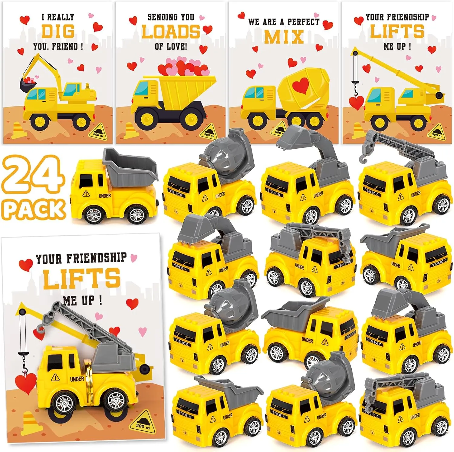 School Exchange Prizes, Boys Girls Age 3  Duchong Construction Vehicle Truck Valentines Cards, 24 Packs, thread Kids Classroom Party Favor, 