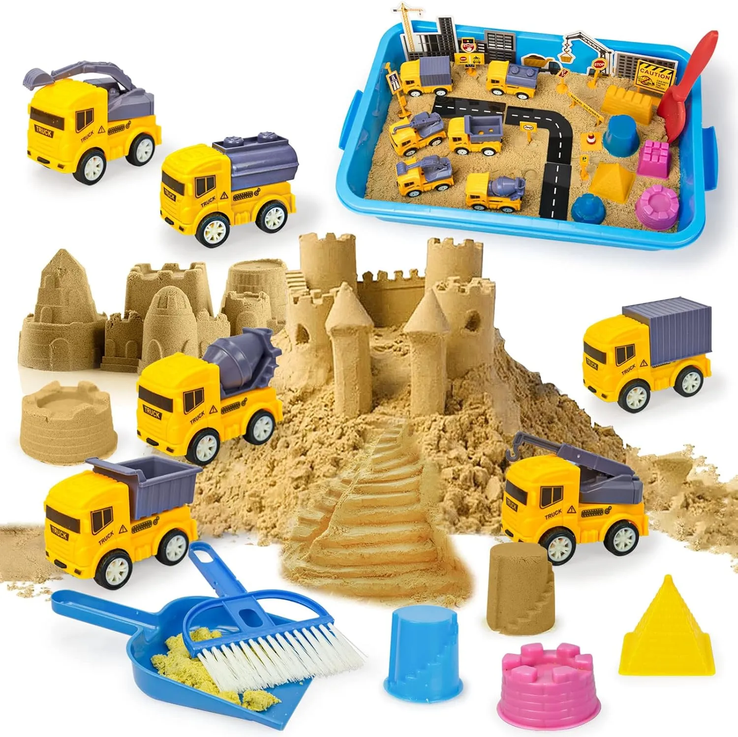Sensory Bin for Toddlers$ Kids Play Sand Kit Toys Sandbox with 2.2lbs Magic Sand$ Vehicles$ Castle laboratory classic twine census graduate Molds$ Road Signs$ Shovel$ Preschool Learning Activities Gifts for Boys Girls Age 3-5  Construction 