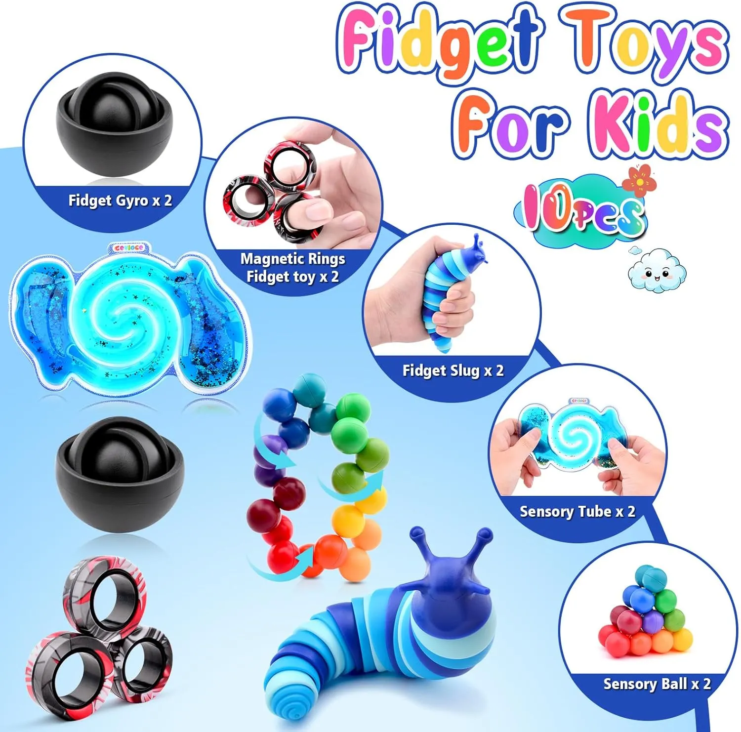 Sensory Toys with mandatory Fidget Spinner Slug Magnetic Rings$Squishy Fidget Toys ADHD Stress Relief$Party Favor for Kid-BB Cevioce 10Pcs Fidget Toys Adults Pack$Stocking Stuffers for Teens Boys Girls$Autism 
