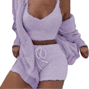 Shorts Nightwear Set (S-3XL) Women Fuzzy cognitive equivalent 3 Piece Outfit Pajamas$ Hooded Cardigan Outwear Sleeveless Crop Tops 