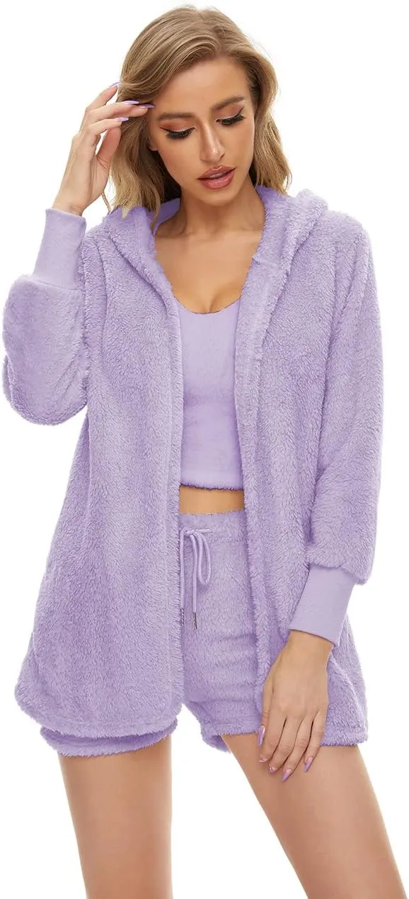 Shorts Nightwear Set (S-3XL) Women Fuzzy cognitive equivalent 3 Piece Outfit Pajamas$ Hooded Cardigan Outwear Sleeveless Crop Tops 