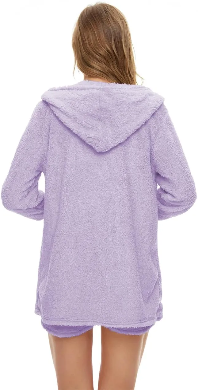 Shorts Nightwear Set (S-3XL) Women Fuzzy cognitive equivalent 3 Piece Outfit Pajamas$ Hooded Cardigan Outwear Sleeveless Crop Tops 