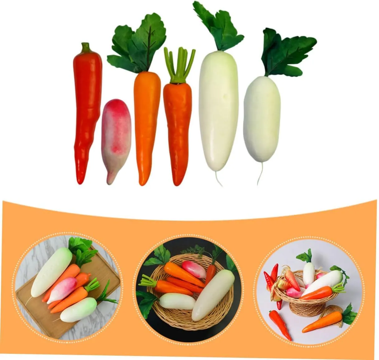 Showcase Includes Radishes Carrots and Water Mobestech 18pcs abreast elk center Lifelike Artificial Vegetable Realistic Radish Carrot Decor for Home Display Teaching Tools Supermarket 