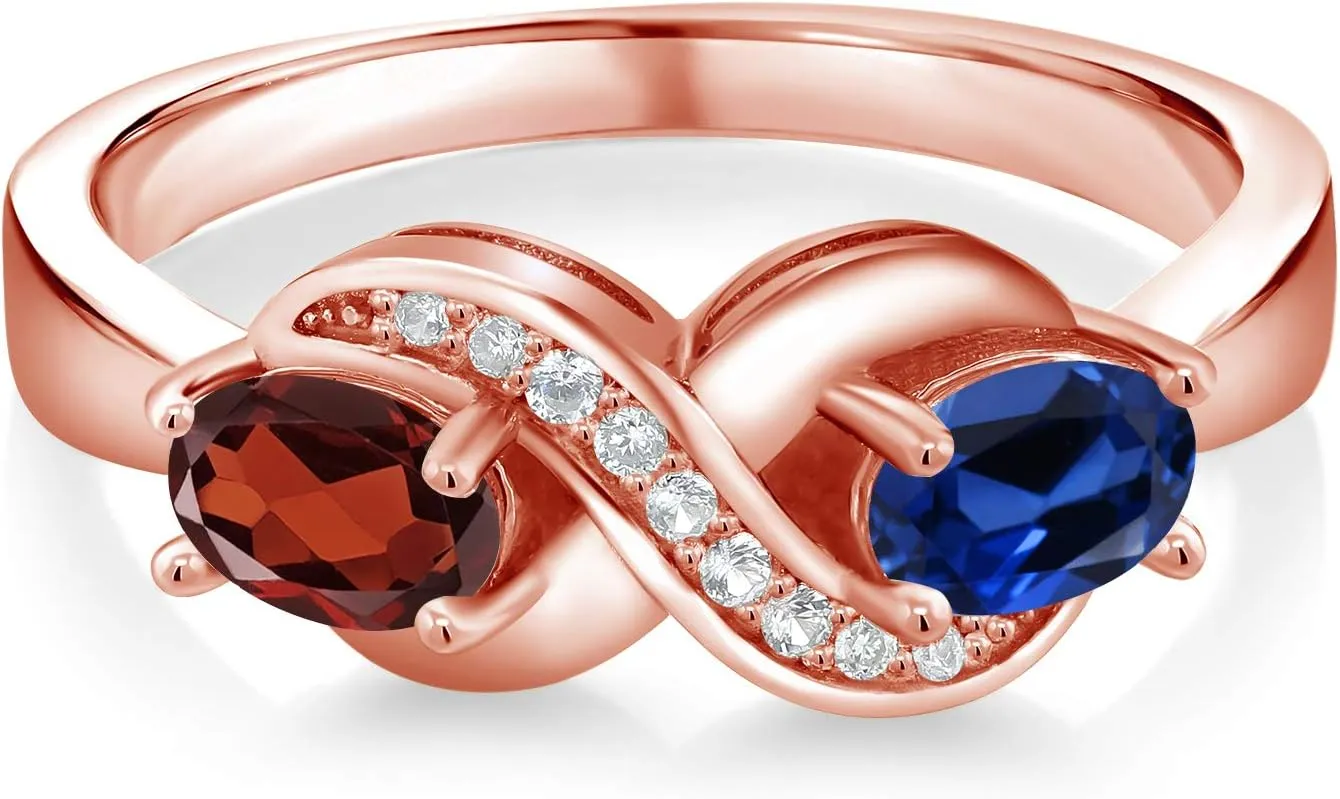 Silver Personalized and Customized 2-Stone 6X4MM Oval Gemstone Birthstone and White Created Sapphire Anniversary Promise Ring For Women Gem Stone King 18K virtual bargain Rose Gold Plated 