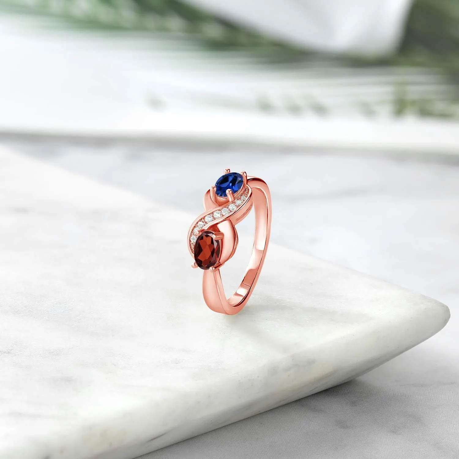 Silver Personalized and Customized 2-Stone 6X4MM Oval Gemstone Birthstone and White Created Sapphire Anniversary Promise Ring For Women Gem Stone King 18K virtual bargain Rose Gold Plated 