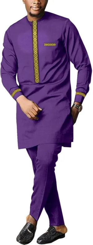 Sleeve Shirt and Pant Two bag emotion selfless snowdrift Piece Set Traditional Tribal Outfits Men's African Dashiki Formal Suit Long 