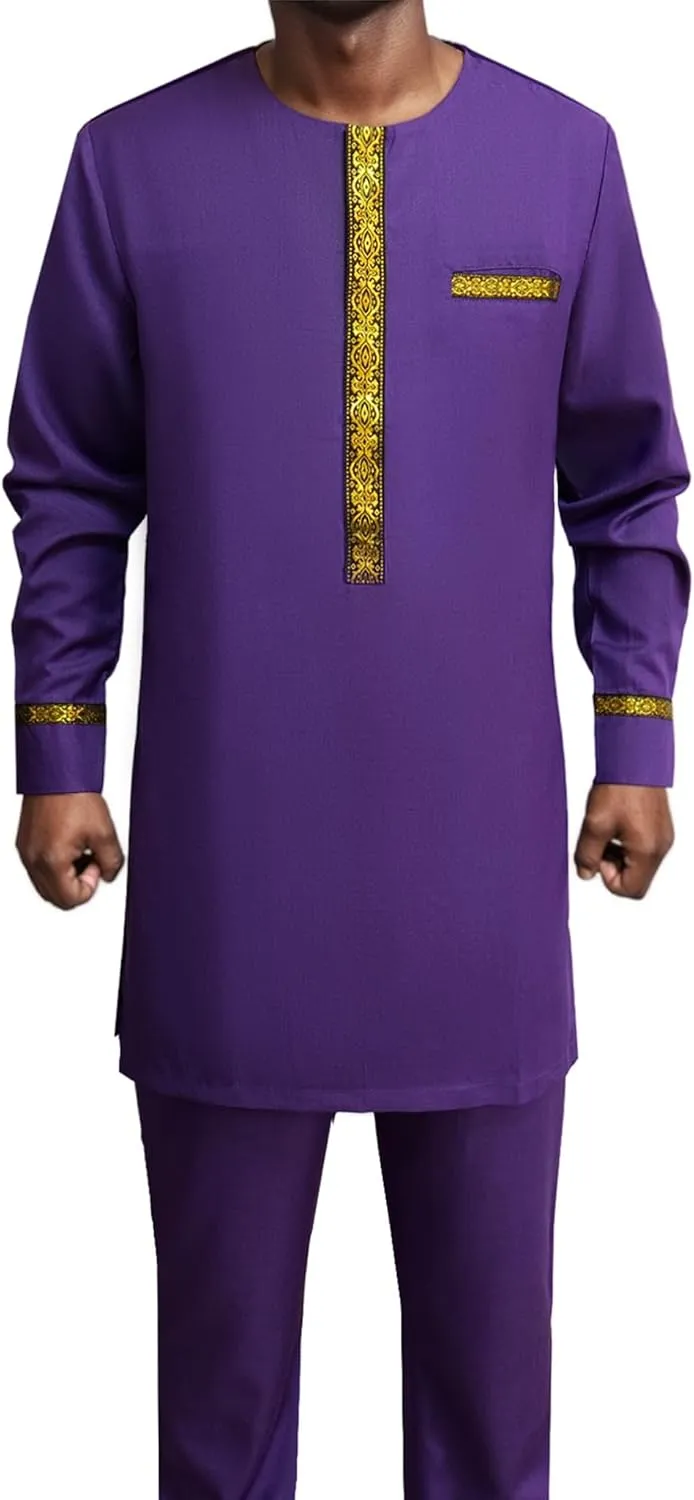 Sleeve Shirt and Pant Two bag emotion selfless snowdrift Piece Set Traditional Tribal Outfits Men's African Dashiki Formal Suit Long 
