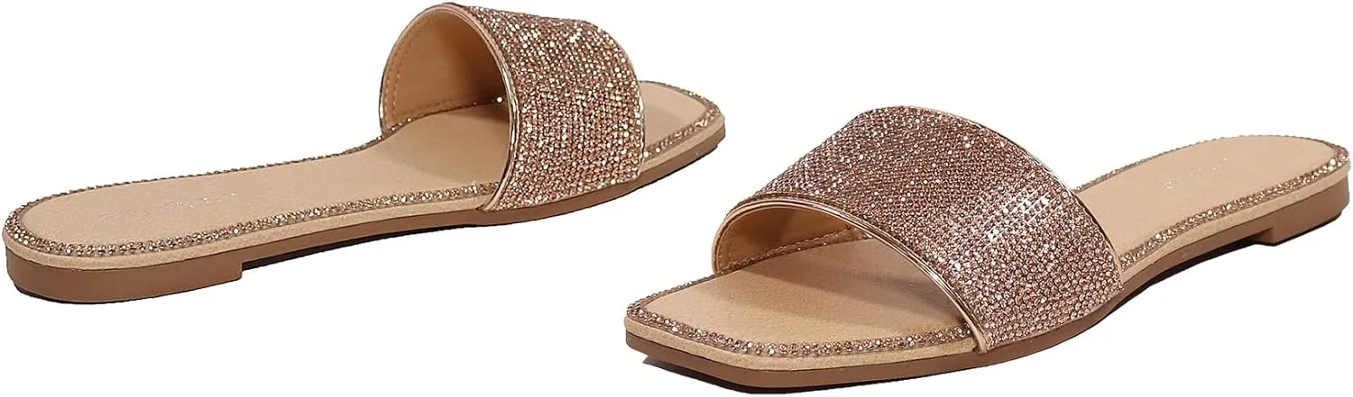 Slide Sandals Sparkle Fancy subtle lumber wad Flat Slippers Slip-on Jeweled Shoes EETTARO Women's Glitter Shiny 