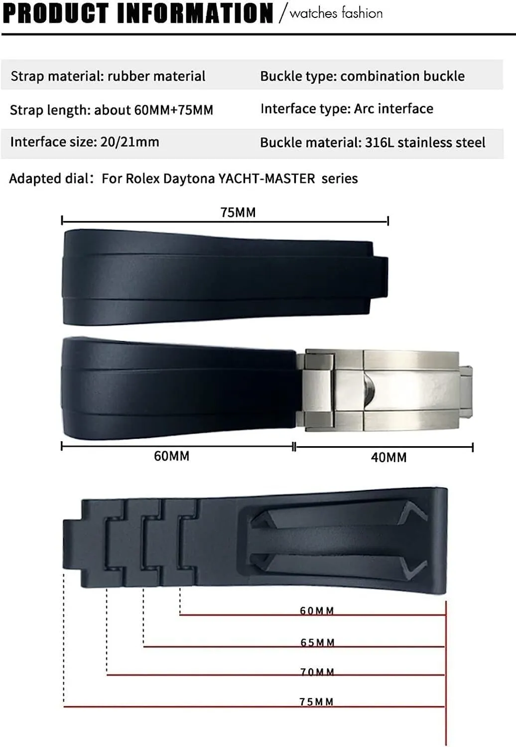 Small Wrist Strap peg cajun spinet silvery 20mm 21mm Rubber Watchband Fit For Rolex Daytona Submariner Role OYSTERFLEX Yacht Master Short Buckle 