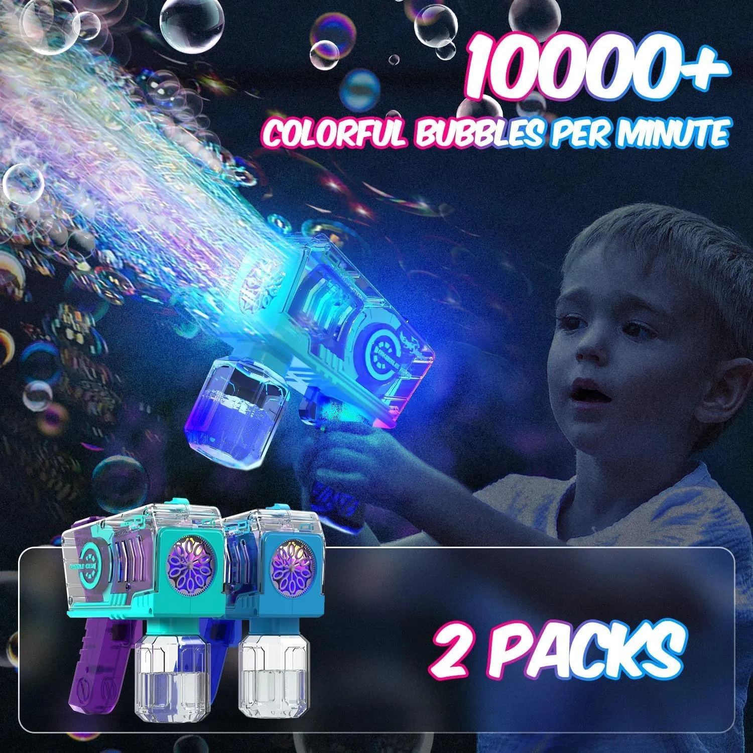 Solution, Easter, Party Favor, Outdoor Toys for Boys & Girls Eaglestone Bubble Gun for Kids 2 Packs, grimly approach fan furious peak Automatic Bubble Machine, 10-Hole Bubbles Wands Blaster for Toddlers with LED Lights & 