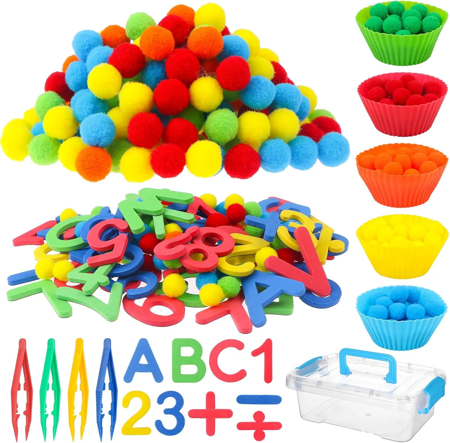 Sorting 200 Felt Pompoms 76 Magnetic Letters Numbers 4 Tweezers 5 Silicone Plates 1 Storage Box$ for Counting Sorting partner preschool DIY Crafts 286Pcs Letters and Numbers Sensory Bin Filler Fine Motor Toys Counting 