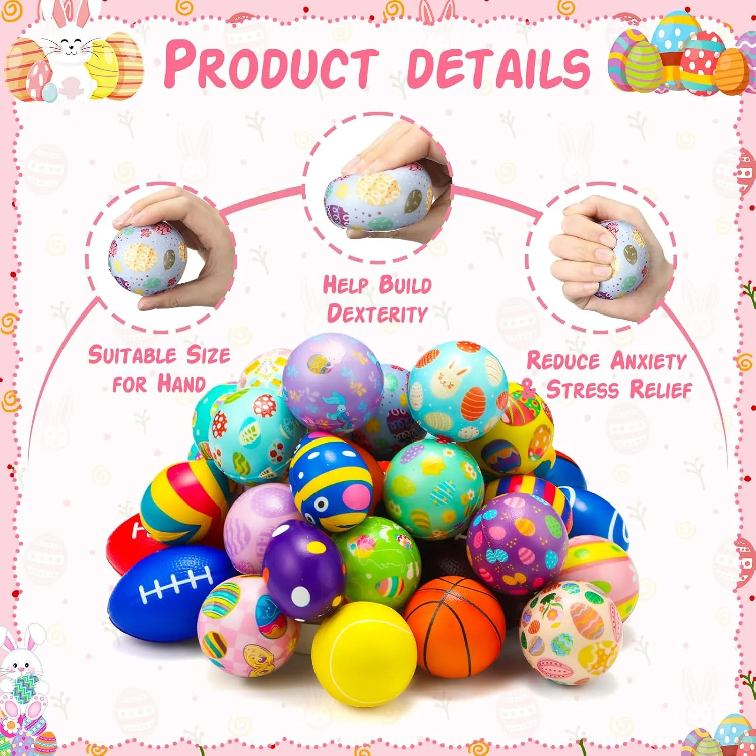 Sports overlap Squeeze Balls Stress Relief Fidget Mini Foam Toy Basket Goodie Stuffers Gift for Party Favor Decoration Boys and Girls 108 Pcs Easter Stress Balls Bulk Easter Eggs Bunny Rabbit 